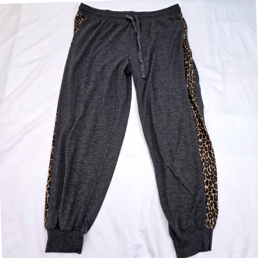 SPLENDID Womens L Leopard Stripe Jogger Sweatpants Lounge Athleisure Gray